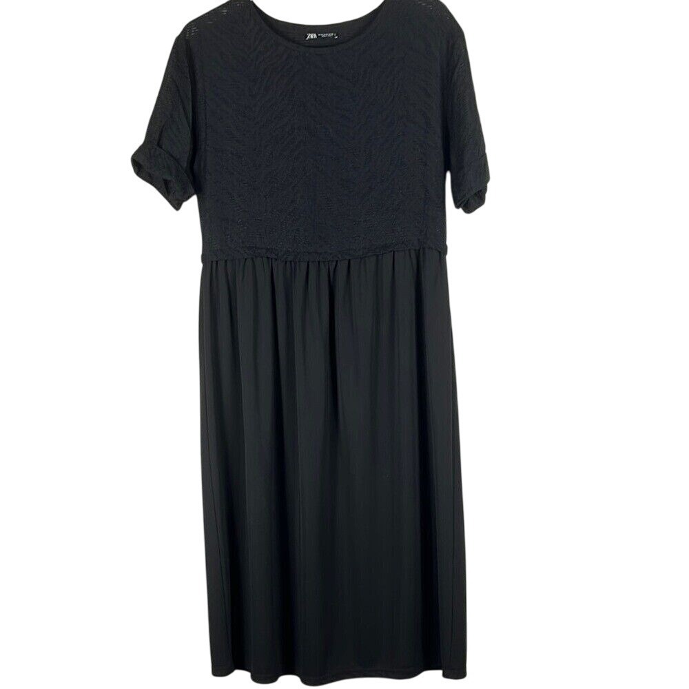 Zara‎ Short Sleeve Midi Dress Womens Size Medium Black Sheer Top W/Embroidery